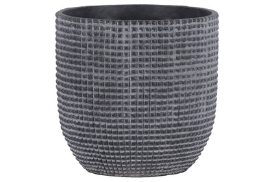 Cement Engraved Square Lattice Design Pot With Tapered Bottom, Large, Dark Gray