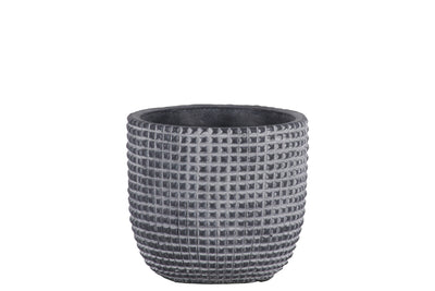 Cement Engraved Square Lattice Design Pot With Tapered Bottom, Small, Dark Gray