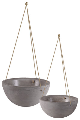 Cement Round Pot With Rope Hanger In Concrete Finish, Set Of 2, Gray