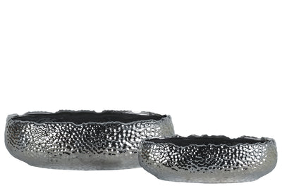 Embedded Fish Scale Irregular Lip Pot With Gloss Banded Rim Top, Set of 2, Silver