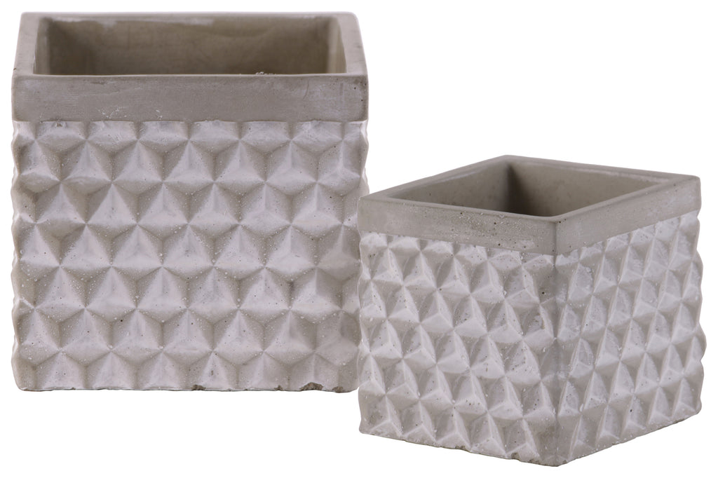 Cement Square Triangle Pattern Design Pot In Painted OffWhite Finish, Set of Two