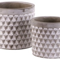Cement Round Engraved Lattice Polygon Design Pot, Set of Two, Gray