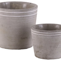 Cement Small Round White Banded Rim Pot With Tapered Bottom, Set of Two, Gray