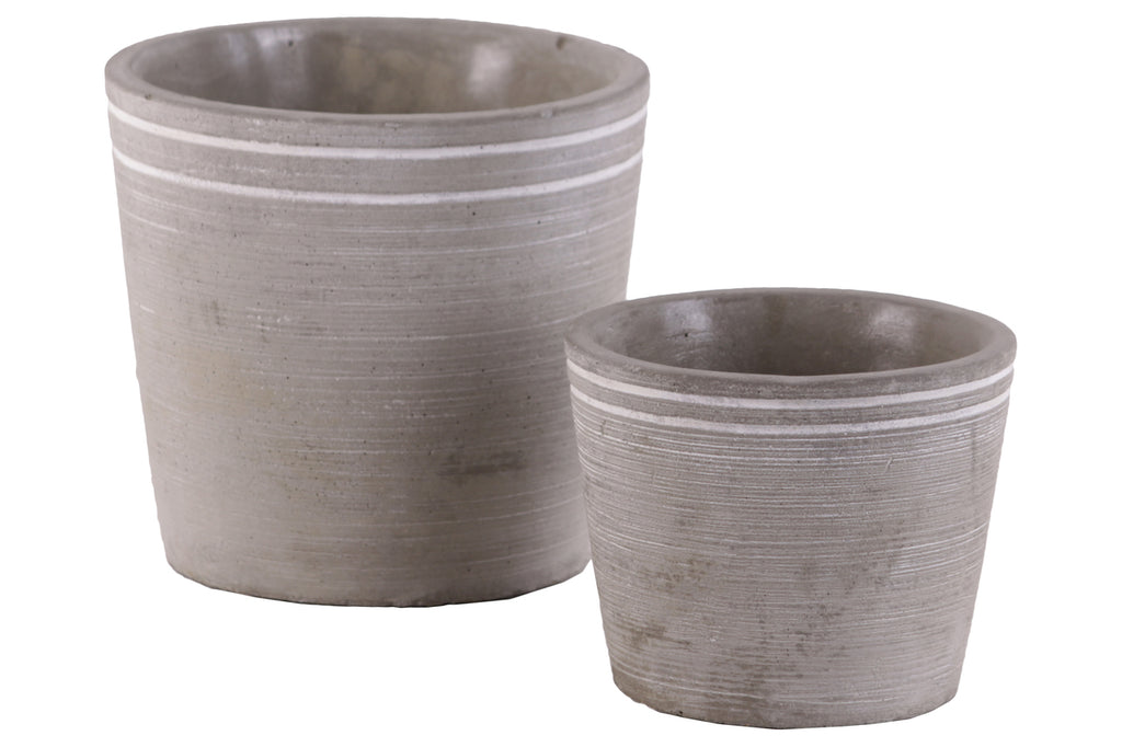 Cement Small Round White Banded Rim Pot With Tapered Bottom, Set of Two, Gray