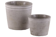 Cement Small Round White Banded Rim Pot With Tapered Bottom, Set of Two, Gray