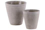Cement Round White Banded Rim Pot With Tapered Bottom, Set of Two, Gray
