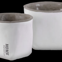 Cement Round Pot With "HOME" Label, Set of Two, White Finish