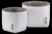 Cement Round Pot With "HOME" Label, Set of Two, White Finish