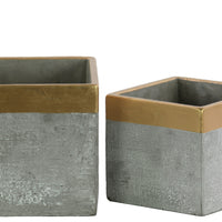 Square Cemented Flower Pot With Gold Banded Rim Top, Set of 2, Gray