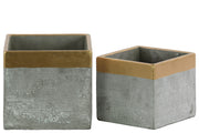 Square Cemented Flower Pot With Gold Banded Rim Top, Set of 2, Gray