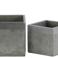 Square Cemented Flower Pot With Silver Banded Rim Top, Set of 2, Gray