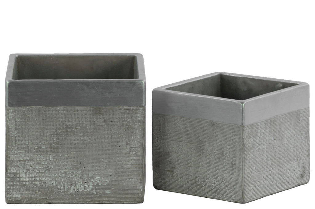 Square Cemented Flower Pot With Silver Banded Rim Top, Set of 2, Gray