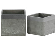 Square Cemented Flower Pot With Silver Banded Rim Top, Set of 2, Gray