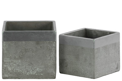 Square Cemented Flower Pot With Silver Banded Rim Top, Set of 2, Gray