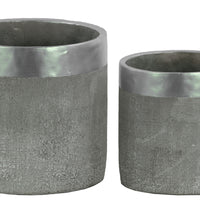 Round Cemented Flower Pot With Silver Banded Rim Top, Set of 2, Gray
