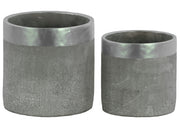 Round Cemented Flower Pot With Silver Banded Rim Top, Set of 2, Gray