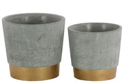 Round Cemented Flower Pot  On Gold Banded Rim Base, Set of 2, Gray