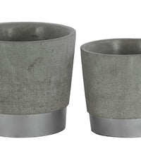 Round Cemented Flower Pot  On Silver Banded Rim Base, Set of 2, Gray