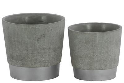 Round Cemented Flower Pot  On Silver Banded Rim Base, Set of 2, Gray