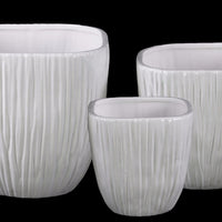 Ribbed Patterned Ceramic Flower Pot With Tapered Bottom, White