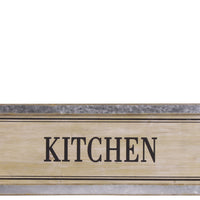 Wood Alphabet Decor "Kitchen" On Metal Rust Effect Rectangular Edge, Brown