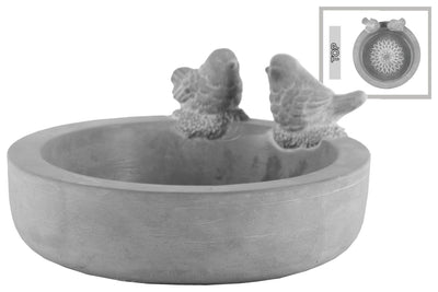 Cement Round Bowl With Bird Figurine And Engraved Floral Design Inside, Gray