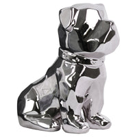 Geometrically Carved Sitting British Bulldog Figurine In Ceramic, Silver