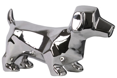 Geometrically Carved Standing Dachshund Dog Figurine In Ceramic, Silver