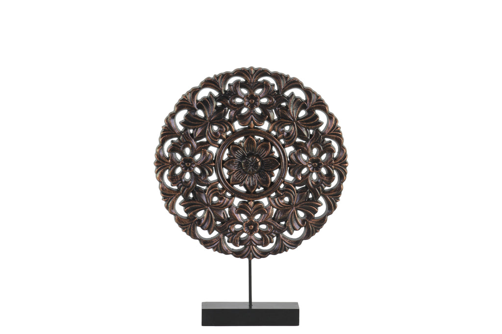 Floral Patterned Round Wooden Wheel Ornament On Rectangular Stand, Small, Bronze