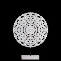 Floral Patterned Round Wooden Wheel Ornament On Rectangular Stand, Small, White