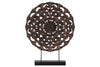 Floral Patterned Round Wooden Wheel Ornament On Rectangular Stand, Large, Bronze