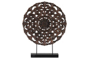 Floral Patterned Round Wooden Wheel Ornament On Rectangular Stand, Large, Bronze