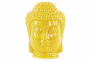 Ceramic Buddha Head Figurine With Beaded Ushnisha, Glossy Yellow