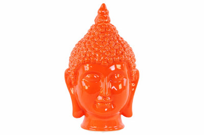 Ceramic Buddha Head Figurine with Pointed Ushnisha, Glossy Orange