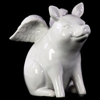 Winged Pig Sitting Ceramic Figurine, Glossy White