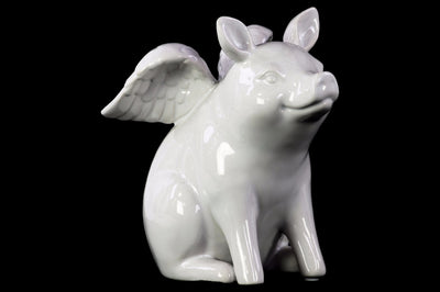 Winged Pig Sitting Ceramic Figurine, Glossy White