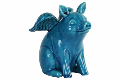 Winged Pig Sitting Figurine In Ceramic, Turquoise Blue