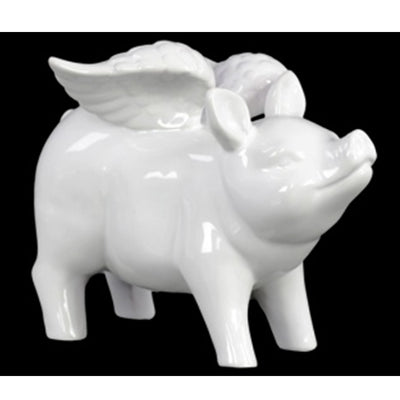 Winged Pig Standing Figurine In Ceramic, Glossy White