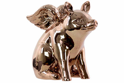 Winged Pig Sitting Figurine In Ceramic, Chrome Gold