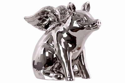 Winged Pig Sitting Figurine In Ceramic, Chrome Silver