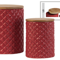 Cylindrical Ceramic Canister With Lattice Diamond Design, Set of 2, Red