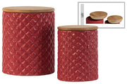 Cylindrical Ceramic Canister With Lattice Diamond Design, Set of 2, Red