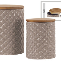 Cylindrical Ceramic Canister With Lattice Diamond Design, Set of 2, Taupe Gray