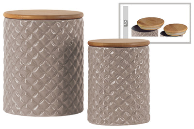 Cylindrical Ceramic Canister With Lattice Diamond Design, Set of 2, Taupe Gray