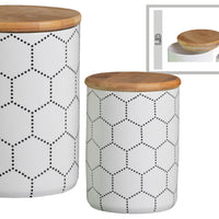 Cylindrical Ceramic Canister With Printed Hexagon Lattice Design, Set of 2, White