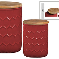 Honeycomb Pattern Ceramic Cylinder Canister with Bamboo Lid, Set of 2,Red