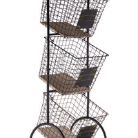 Metal Cart With 3 Tier Baskets And Wood Surface, Black