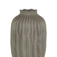 Ceramic Short Neck Round Patterned Vase With Wave Design, Small, Gray