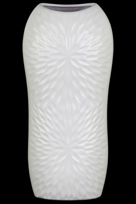Ceramic Tall Engraved Leaf Design HalfCircle Vase, Large, White