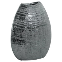 Ceramic Biconvex Crescent Ribbed Design Vase, Distressed Silver Finish